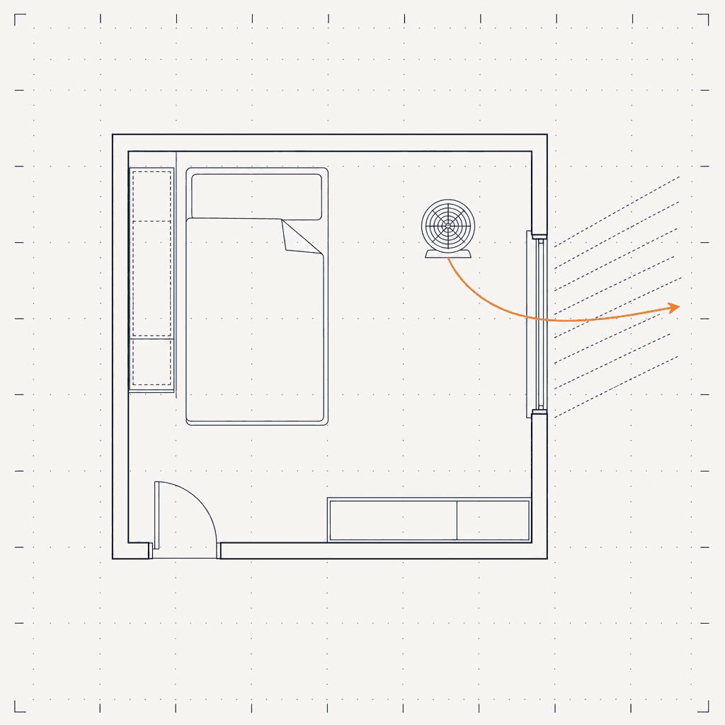 A top-down plan of a bedroom: the bed, the window with sun direction hatched, and a fan turned to exhaust air out of the window.
